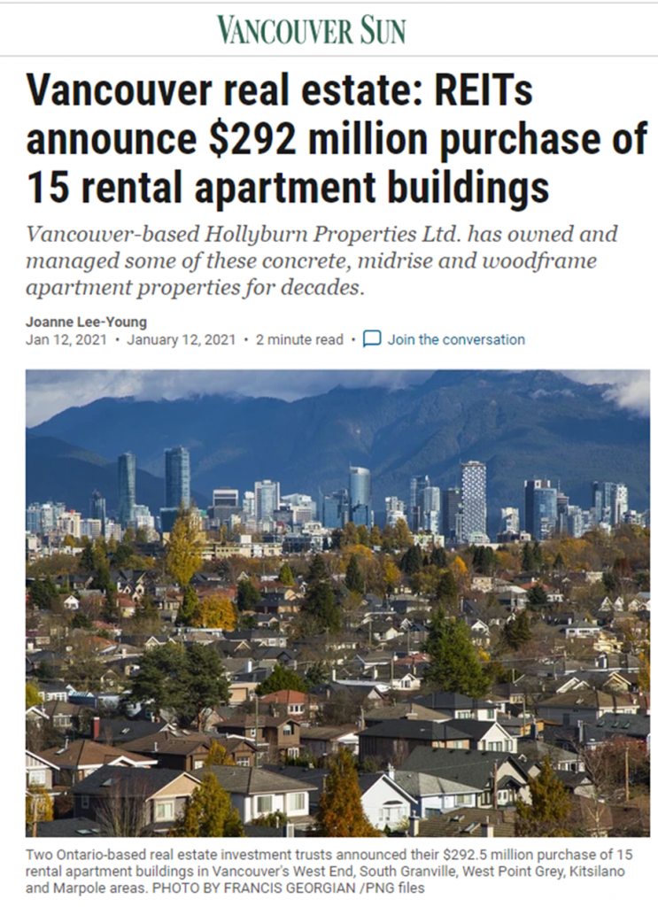 Vancouver Sun: Two Ontario-based real estate investment trusts announced their $292.5 million purchase of 15 rental apartment buildings